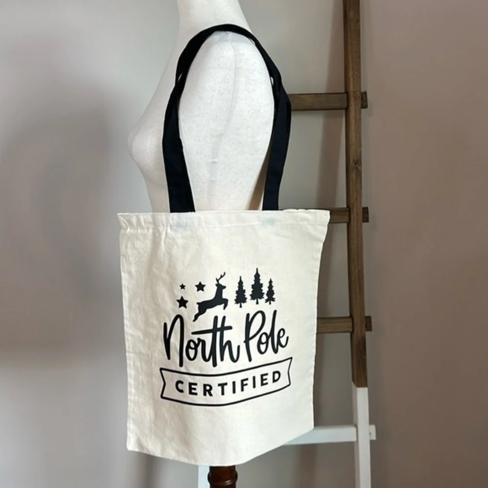 Sarnico Designs Cream Tote Bag with Black Vinyl North Pole Certified Design New